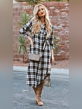 Sanctuary Plaid Maxi Shirt Dress with Metal Snap Front